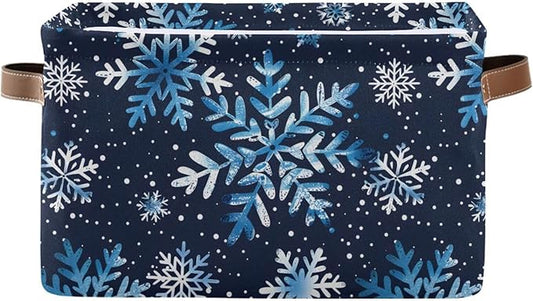 Large Storage Basket Watercolor Blue Snowflakes Christmas Storage Bin Cube Canvas Fabric Organizer Handles Collapsible for Clothes Toys Bedroom Decorative