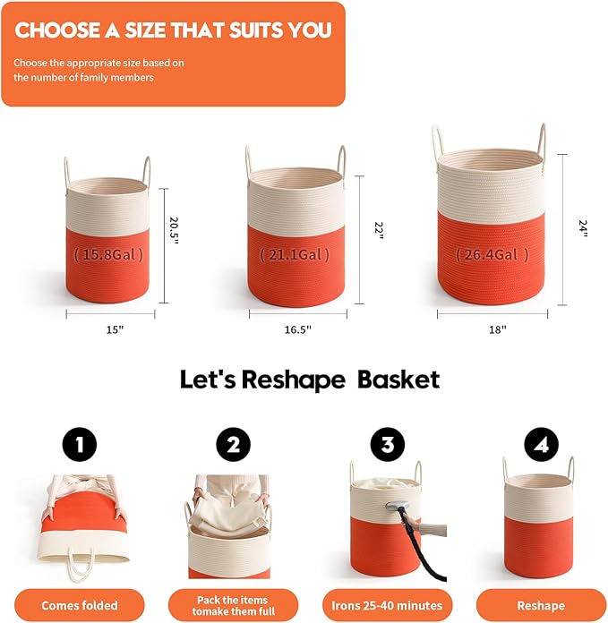 Woven Laundry Hamper Tall Rope Storage Basket for Blanket oys Dirty Clothes in Living Room Bathroom Bedroom (White&Orange, 100L/26.4Gal)