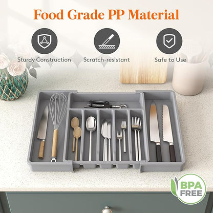 Lifewit Silverware Drawer Organizer, Expandable Utensil Tray for Kitchen, BPA Free Flatware and Cutlery Holder, Adjustable Plastic Storage for Spoons Forks Knives, 33 -57 x 42cm, Gray