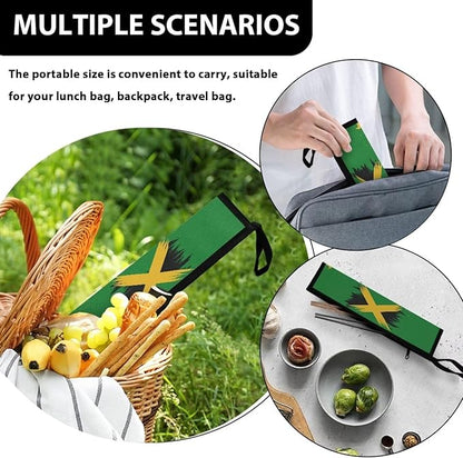 Jamaica Flag Portable Utensil Pouch Reusable Silverware Bag Travel Cutlery Carrying Case Stainless Steel Straws Pouch Chopsticks,11.8 Inch