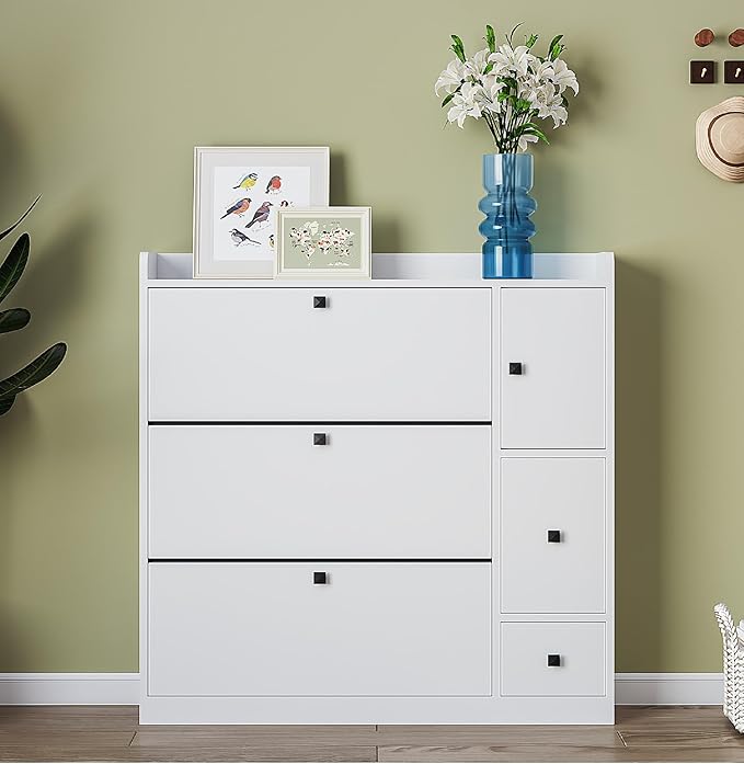 JIVOIT Modern Shoe Cabinet with 3 Flip Drawers and Cabinet, Free Standing Shoe Rack with Pull-Down Seat, Versatile 3-Tier Shoe Storage Organizer for Entryway Hallway (White 7)