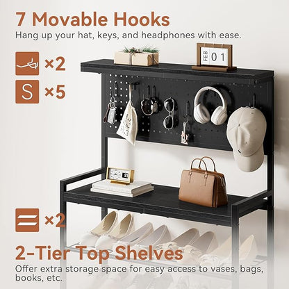 Tall Shoe Rack, 6-Tier Wooden Shoe Storage with Hole Panel, 7 Hooks, for 16-20 Pairs, Wooden Top Shelf, Sturdy, Industrial, Entryway Organizer, Closet Hallway Bedroom Dorm, Black