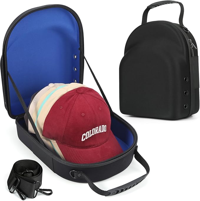 GERMUN Hard baseball hat case, Hat Carrier Travel Case with Adjustable Shoulder Strap, Hat cap case for 6 Baseball Caps - Perfect for Traveling & At-Home Storage (Black with Blue)