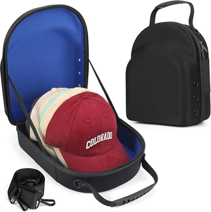 GERMUN Hard baseball hat case, Hat Carrier Travel Case with Adjustable Shoulder Strap, Hat cap case for 6 Baseball Caps - Perfect for Traveling & At-Home Storage (Black with Blue)