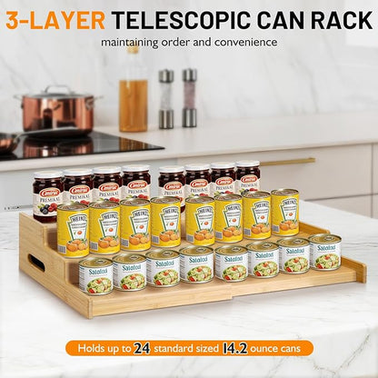 Bamboo Expandable Can Rack Organizer for Pantry, Stackable 3 Tier Canned Food Organizers and Storage, Kitchen Cabinet, Can Holders Dispensers for Pantry Up To 24 Cans
