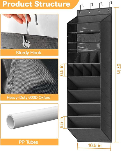 Over The Door Shoe Storage Organizer, 8 Tiers Hanging Shoe Rack Behind Door Shoe Holder with 6 Large Deep Pockets 8 Small Pockets, Narrow Shoe Rack for Closet Bedroom Bathroom Nursery RV Dorm, Black