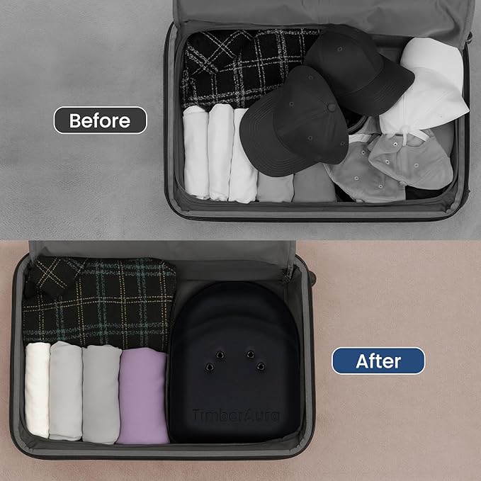Black Hat Case for Baseball Caps, Sleek Hard Shell Travel Cap Carrier for 6-7 Hats, Breathable Storage Box with Airflow Eyelets for Closet & Home, Water-Resistant 1680D Oxford Cap Organizer