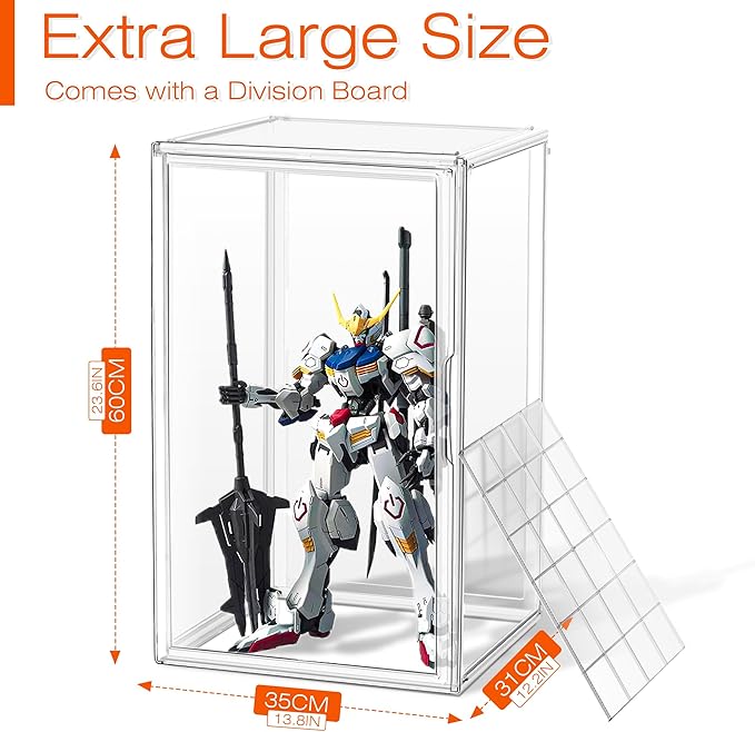 XXXXX-Large 13.8”x 12.2”x 23.6" Acrylic Display Case Extra Large Tall Boot Shoe Storage Box with Magnetic Lid Clear Giant Figure Collection Showcase with a Division Board