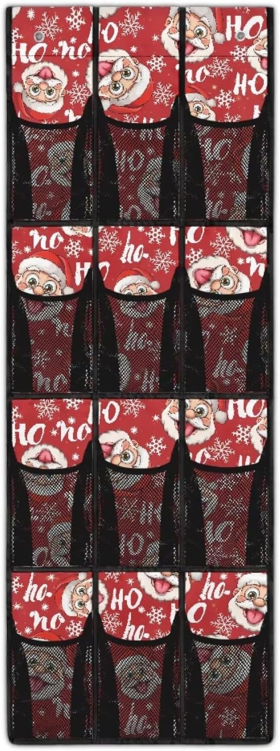 Kawaii The Santa Claus Door Hanging Shoe Organizer for Xmas Home Decor,Mesh Fabric Door Organizers and Storage Space Saving with 12 Pockets Wall Hanging Storage 4 Metal Hook