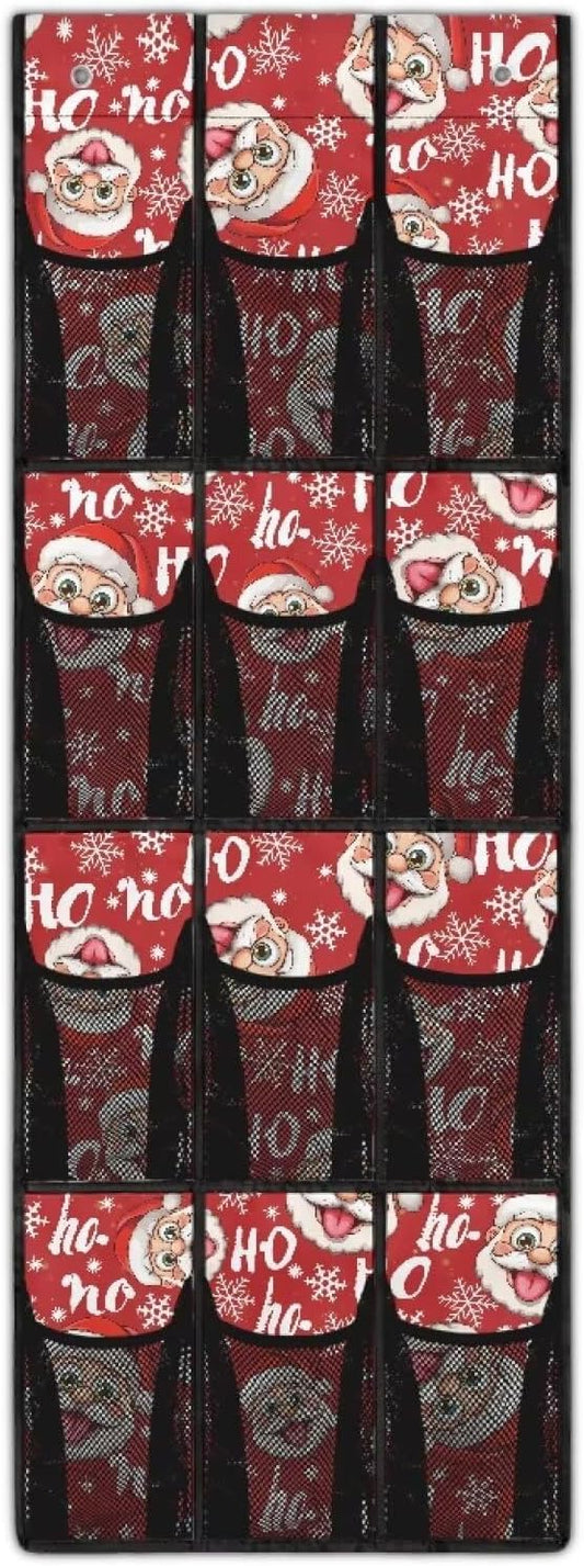 Kawaii The Santa Claus Door Hanging Shoe Organizer for Xmas Home Decor,Mesh Fabric Door Organizers and Storage Space Saving with 12 Pockets Wall Hanging Storage 4 Metal Hook