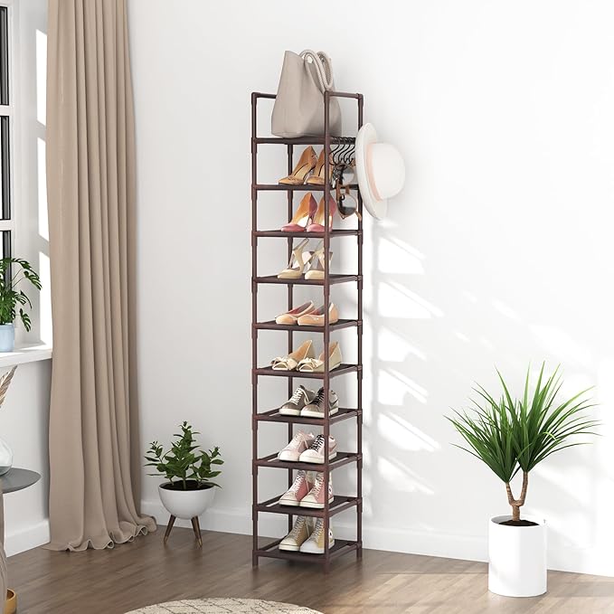 LANTEFUL Tall Shoe Rack 10-Tier Narrow Shoe Shelf Storage for 10-15 Pairs Shoe and Boot, Sturdy Shoe Storage Space Saving Corner Shoe Rack Organizer for Closet, Entryway, Living Room, Brown