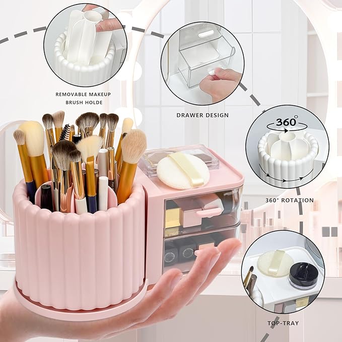 Makeup Organizer Countertop,360 Rotating Makeup Brush Holder with 2 Drawer Organizer, Small Preppy Kids Desk Organizer|9.25x5.11inch|White