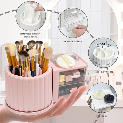 Makeup Organizer Countertop,360 Rotating Makeup Brush Holder with 2 Drawer Organizer, Small Preppy Kids Desk Organizer|9.25x5.11inch|White