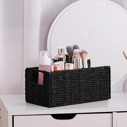 Vagusicc Wicker Storage Basket, Set of 2 Hand-Woven Paper Rope Wicker Basket, Small Storage Baskets for Organizing Toilet Paper Baskets, Foldable Large Cube Storage Organizer Bin for Shelves (Black)