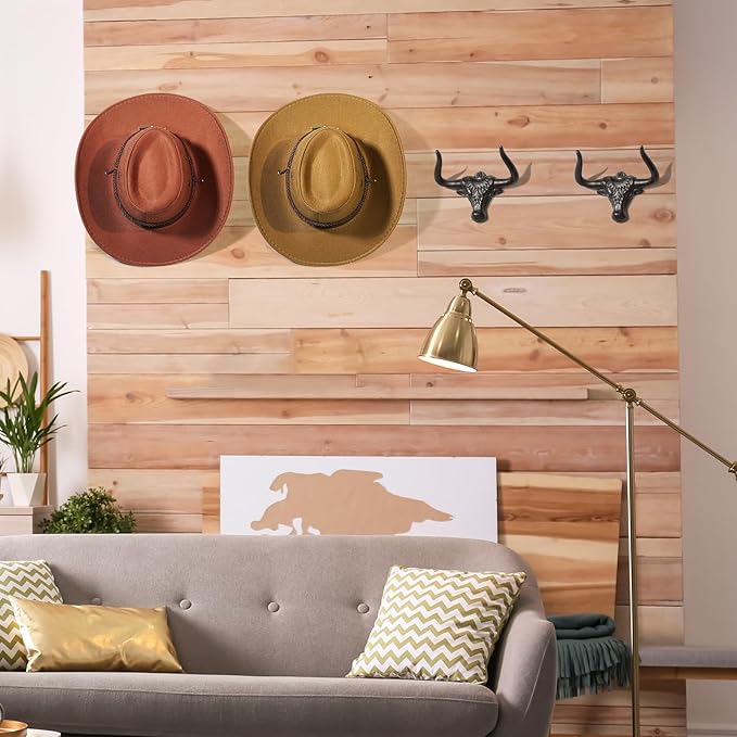 Cowboy Hat Rack for Wall 4 Pack Modern Metal Cowboy Hat Holder Cast Iron Cowgirl Hat Hanger Western Longhorn Hooks for Storage and Display for Closet Bedroom Living Room Rust