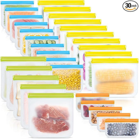 30 Pack Reusable Silicone Food Storage Bags, 4 Size Leak proof Dishwasher Safe Reusable Freezer Bag for Food Storage Containers Lunch Bags for Sandwich, Marinate Meat, Fruit