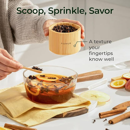 keechee Bamboo Salt Cellar with Acacia Lid & Spoon, 7.7oz Capacity with Built-In Spoon Slot & Labels, Two-Tone Countertop Seasoning Container (Single Compartment - 2 Pack)