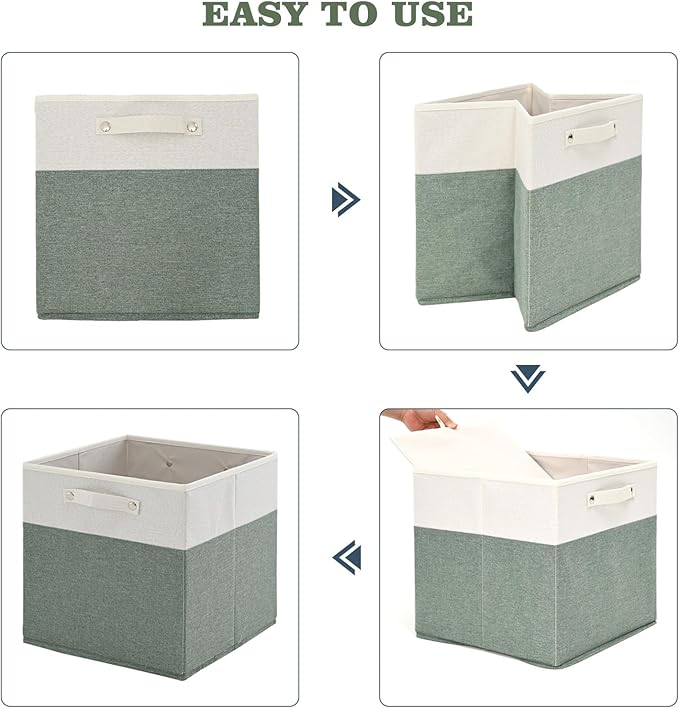 FinishingBo 13 x 13 Inch Fine Linen Storage Bins with Handles，Fabric Cube Boxs，Basket Organizers for Shelves for Home, Closet Drawers (White/Green-4 Pack )