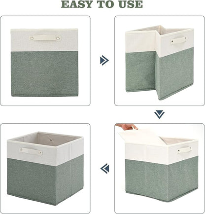 FinishingBo 13 x 13 Inch Fine Linen Storage Bins with Handles，Fabric Cube Boxs，Basket Organizers for Shelves for Home, Closet Drawers (White/Green-4 Pack )
