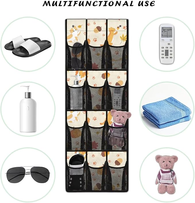 Cat and Maple Leaves Hanging Door Organizer with 12 Multi-Pockets Home Decor Thanksgiving Door Hanging Shoe Organizer for Dorm Room Essentials