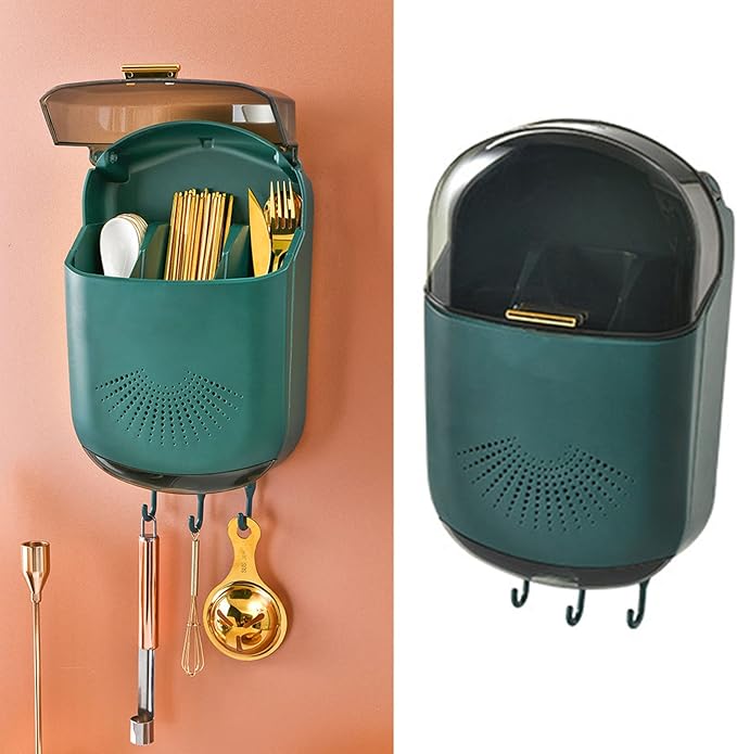 Cutlery Holder, Chopstick Holder Wall Mounted Utensil Rack 3 Compartments Draining Utensil Storage with Cover for Cutlery(Green)