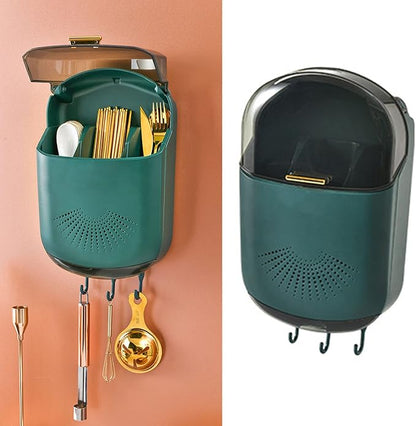 Cutlery Holder, Chopstick Holder Wall Mounted Utensil Rack 3 Compartments Draining Utensil Storage with Cover for Cutlery(Green)