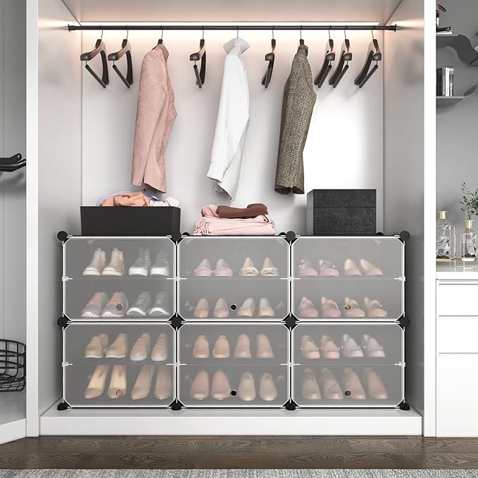 ROJASOP Portable Shoe Rack Organizer 6-Tier Shoe Cabinet 24-Pair Shoe Organizer Shoe Storage Expandable Free Standing Stackable Space Shoe Rack with 2 Exclusive Versatile Hooks for Bedroom Black