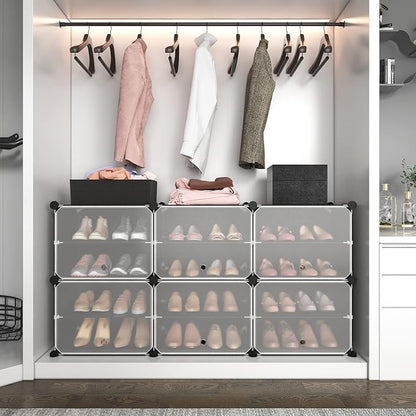 ROJASOP Portable Shoe Rack Organizer 6-Tier Shoe Cabinet 24-Pair Shoe Organizer Shoe Storage Expandable Free Standing Stackable Space Shoe Rack with 2 Exclusive Versatile Hooks for Bedroom Black