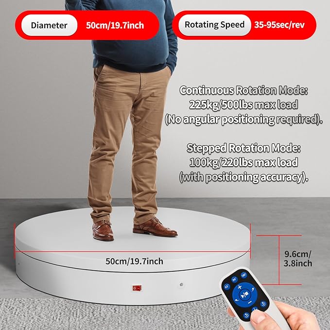 19.7In Remote Large Motorized electric turntable Rotating platform Photography Turntable Motorized lazy susan Base giratoria para for Photography,3D Scanner,Heavy duty display(Load Range:220~500lbs)