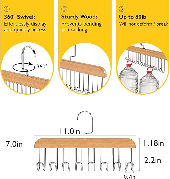 Bra Hangers 3 Pack - with 16 Non-Slip 360Rotating Metal Hooks for Tie, Hat, Bra, Wooden Multi Hook Hanger - Saves Space
