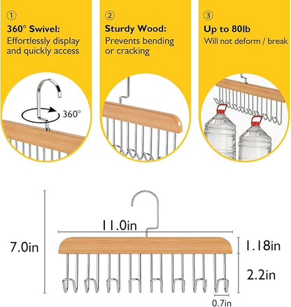 Bra Hangers 3 Pack - with 16 Non-Slip 360Rotating Metal Hooks for Tie, Hat, Bra, Wooden Multi Hook Hanger - Saves Space