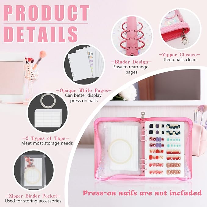 DHATMYC Press On Nail Storage Organizer Binder with 8 Insert Pages - A5 Size Reusable Fake Nail Swatch Star Collecting Book Polish Color Display Holder Container with Tape and Zipper Pocket (PINK)
