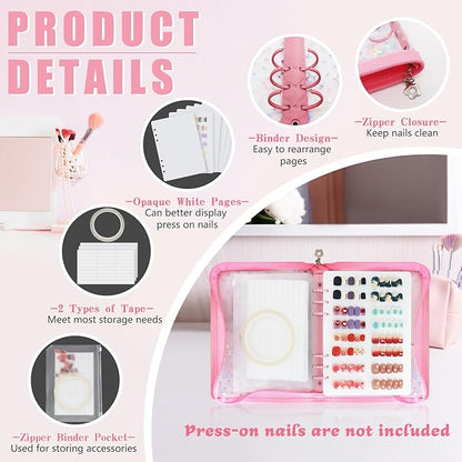 DHATMYC Press On Nail Storage Organizer Binder with 8 Insert Pages - A5 Size Reusable Fake Nail Swatch Star Collecting Book Polish Color Display Holder Container with Tape and Zipper Pocket (PINK)
