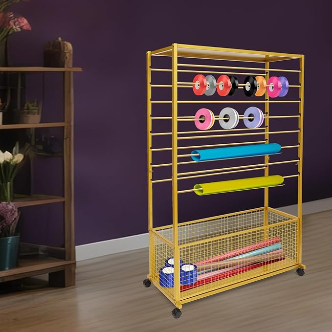 16-Tier Double-Sided Ribbon Holder Organizer Rack with Storage Basket & Wheels, Multifunctional Flower Wrapping Paper Display Stand for Craft Rooms, Flower Shops (Gold, 39.37''W x 12.6''D x 59.06''H)