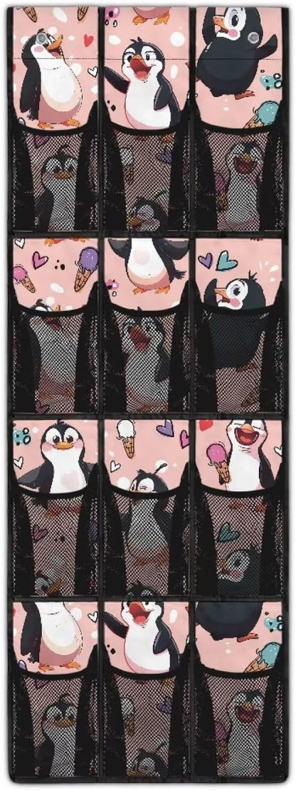 Funny Penguin Shoe Organizer Over The Door,12 Large Mesh Pockets Hanging Storage Shoe Rack,Hanging Shoe Rack for Door Sneaker Hanger Boot Storage,Breathable Organizer Storage Bag