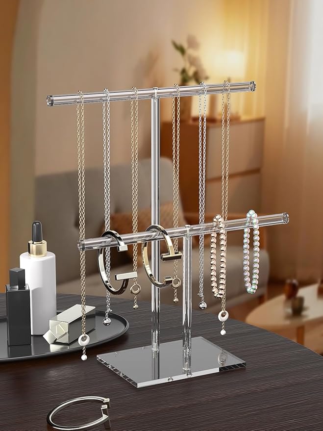 Acrylic Jewelry Necklace Organizer Holder for Women, Bracelet Display Stand for Vendors, Clear Storage Hanger for Small Necklace, Jewelry Hanging Tree Stand for Selling (2 Tier)