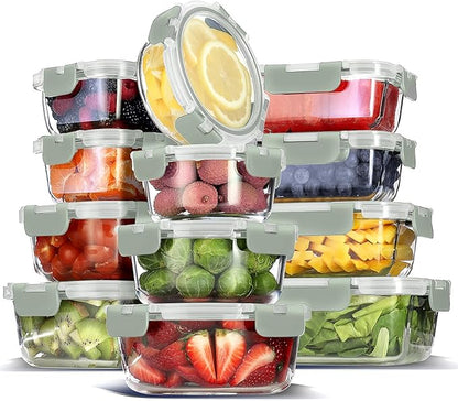 EATEX 24pc Glass Storage Containers with Lids, 12 Glass Food Storage Containers with 12 Airtight Lids for Pantry & Kitchen, Meal Prep Containers for Lunch, Oven Freezer Microwave & Dishwasher Safe