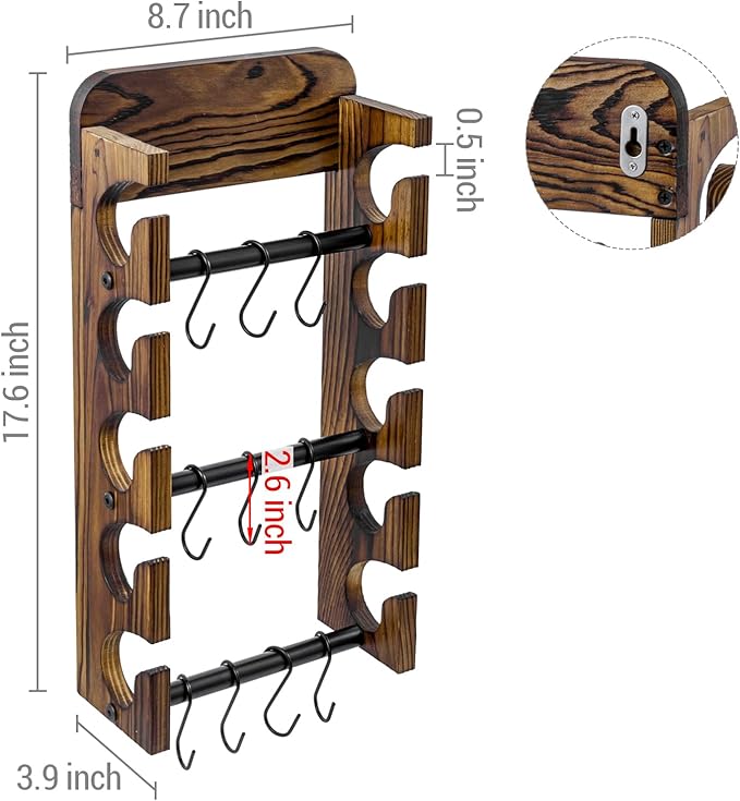 MyGift Baseball Cap Organizer Wall Mounted, Hat Display and Accessories Rack, Baseball Cap Holder with 10 Removable Hanging S-Hooks, Rustic Burnt Solid Wood and Matte Black Metal