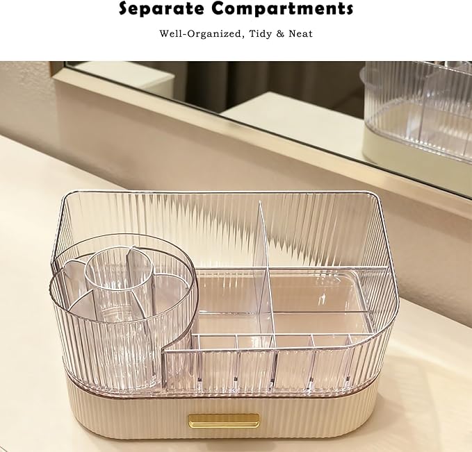 Makeup Organizer for Vanity with Stackable Drawers, 360 Rotating Makeup Brush Holder Large Cosmetic Display Case for Dresser, Bathroom Countertop Skincare Storage, Ideal Gift for Girls (3-layer)