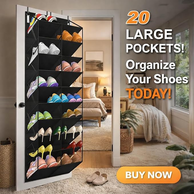 10 Tier Over the Door Shoe Organizer, Hanging Shoe Rack for Closet Door, Holds 20-30 Pairs, Large Pocket Storage for Sneakers Heels Boots, Black