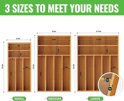 Small Silverware Organizer, Bamboo Kitchen Drawer Cutlery Organizer, Utensil Holder, Flatware Organizer Tray (14.2"x6.7"x1.6")