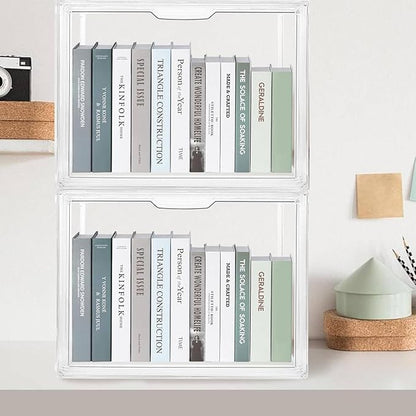 2-Pack Clear Book Storage Organizer Box, Stackable Acrylic Display Case with Magnetic Door, Portable Bookcase Containers for Comics, Handbags, Toys and Shoes, 14.2" x 10.6" x 8.7"