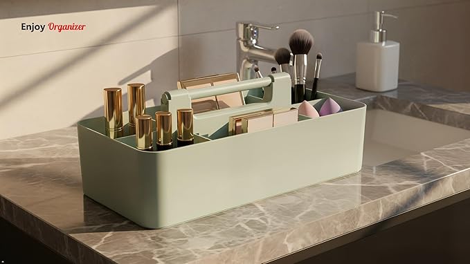 New Plastic Portable Makeup Organizer Caddy Tote Divided Basket Bin with Handle, for Bathroom Storage - Holds Blush Makeup Brushes, Eyeshadow Palette, Lipstick - Extra Large Made In USA (Mint)
