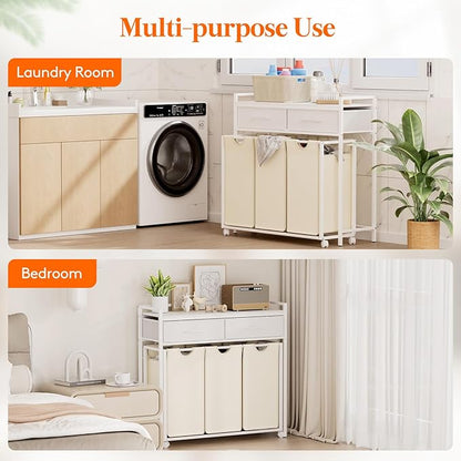Lifewit Laundry Hamper 3 Section, Large Rolling Laundry Sorter with Shelf & 2 Drawers, Pull-Out Laundry Basket Organizer with Wheels and Removable Bag for Laundry Room Bathroom, White and Beige