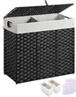 Greenstell Laundry Hamper with lid, No Install Needed, 130L Wicker Laundry Baskets Foldable 2 Removable Liner Bags, 2 Section Clothes Hamper Handwoven Rattan Laundry Basket with Handles, Black