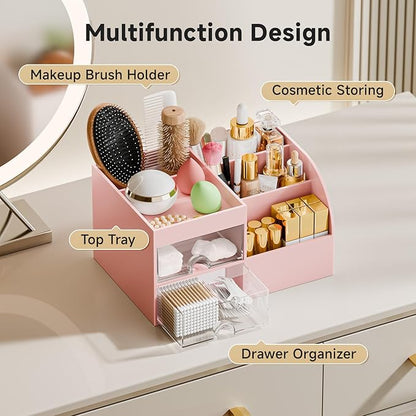 Makeup Organizer with 2 Drawers, Makeup Organizers Countertop for Vanity and Bathroom, Make up organization and Skincare Storage with Brush Holder, for Dresser, Desktop, Cosmetic Display Case (Pink)