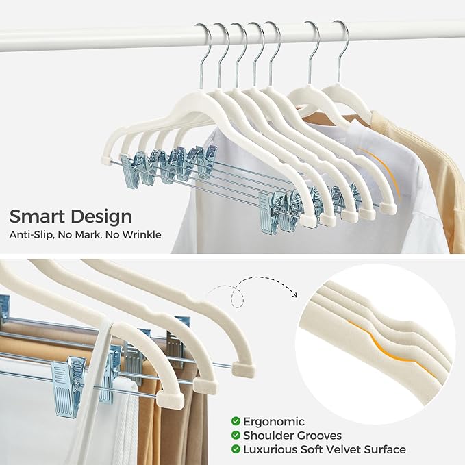 HOUSE DAY Velvet Hangers with Adjustable Clips 10 Pack, Non-Slip Suit Organizer with 360° Hook - Heavy Duty Hanger for Pants, Skirts, Blouses, Dresses - Outfit Hangers All-Season Space Saver (Ivory)