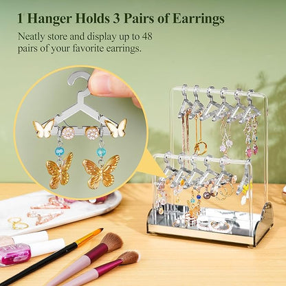 NiHome Acrylic Earring Holder with Unique Double-Tiered Design, Cute Miniature Clothing Hangers with Spacious Storage for 48 Pairs, Display for Home Vanity & Retail Showrooms (Silver, With Tray)