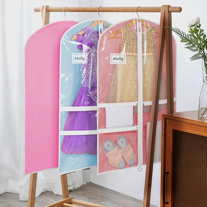Univivi Dance Costume Garment Bags for Kids, 40 Inch Foldable Hanging Garment Bags for Dancers with Clear PVC Window and 3 Zipper Pockets, Rose Red (5 Pack)