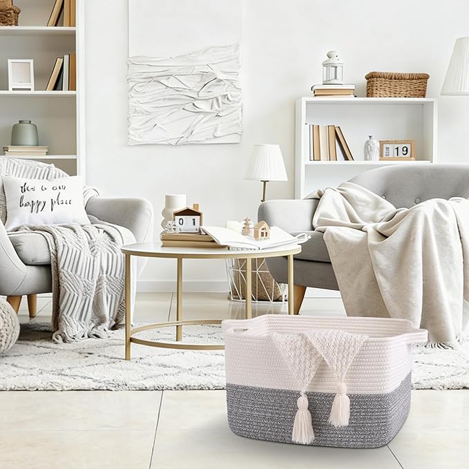 OIAHOMY Woven Storage Basket for Shelves, Rectangle Cotton Rope Baskets for Organizing, 16 x 12 x 10 in, Storage Bins for Dog Toys,Towel,Books,Gift,Grey and White